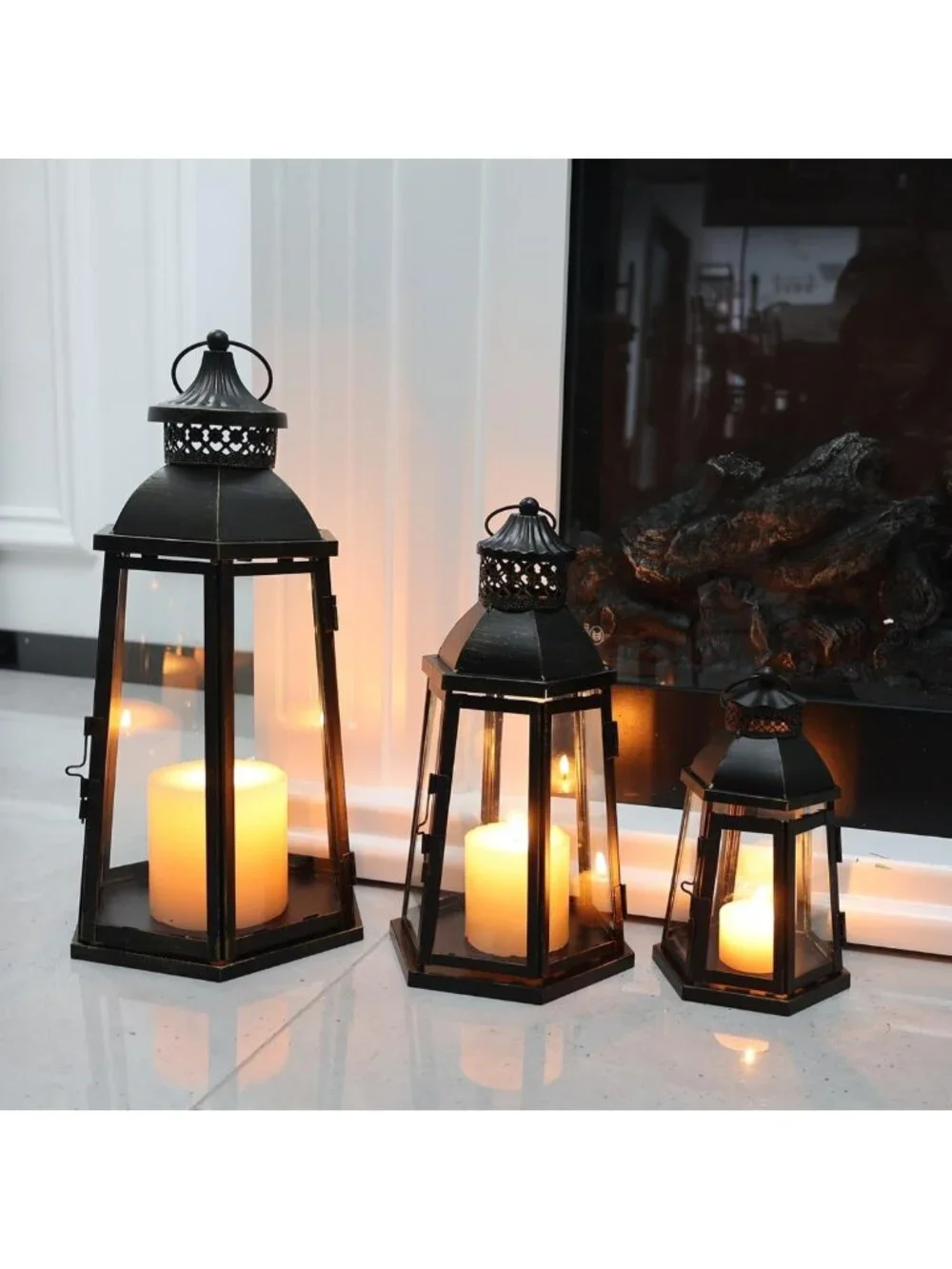 Set of 3 Vintage Lanterns - Metal Frame Candle Holders for Indoor & Outdoor